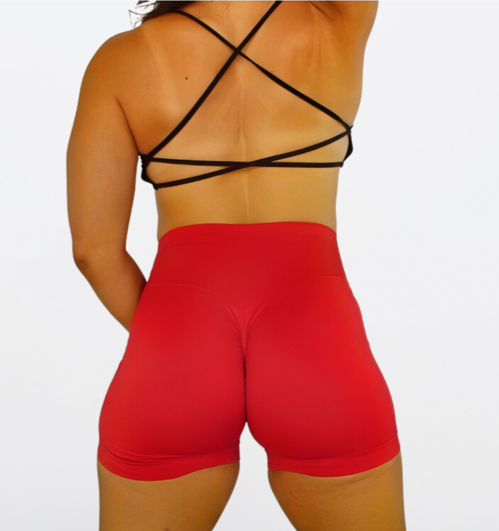 red scrunch shorts cross waist back view