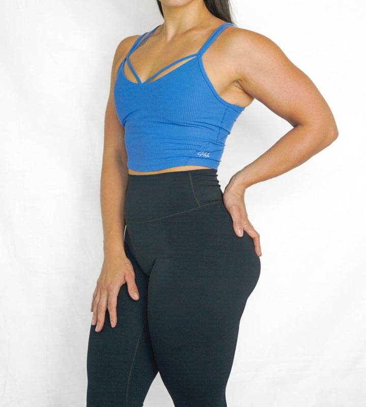 cropped ribbed camisole with built in bra longline sports bra front oblique view in cornflower blue