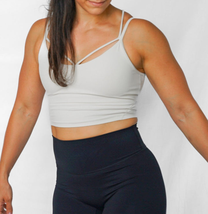 cropped ribbed camisole with built in bra longline sports bra front view in cream