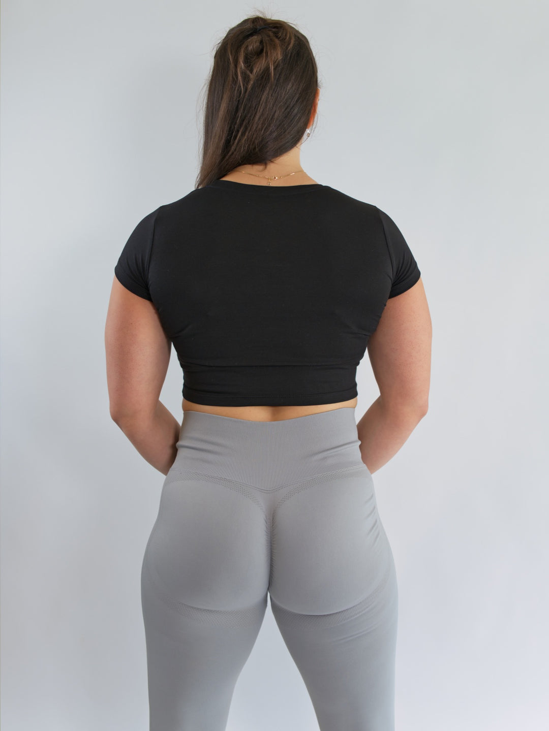 GI Jane Fitted Workout Crop Top Black Full Body Back View