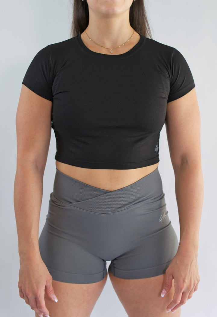 GI Jane Fitted Workout Crop Top Black Full Body Front View