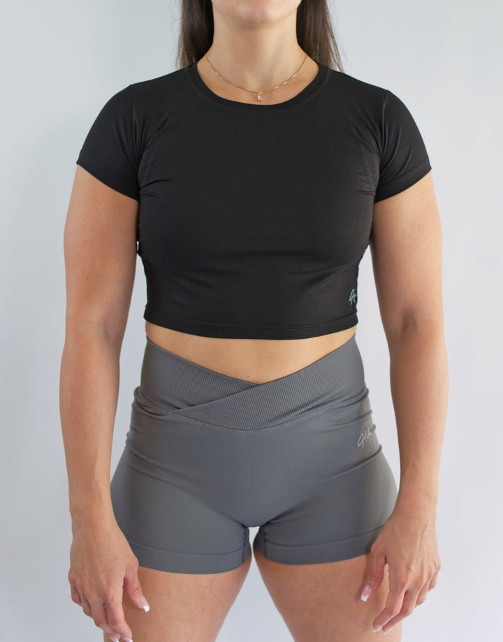 dark grey scrunch shorts cross waist front view