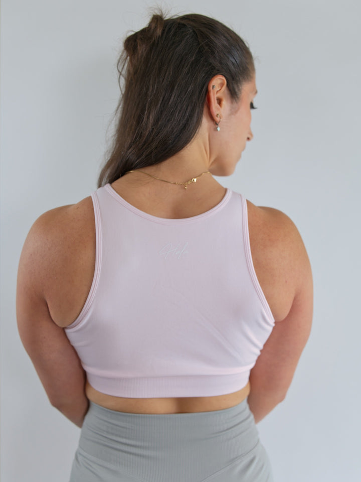 Cute High neck sports bra baby pink close up back view