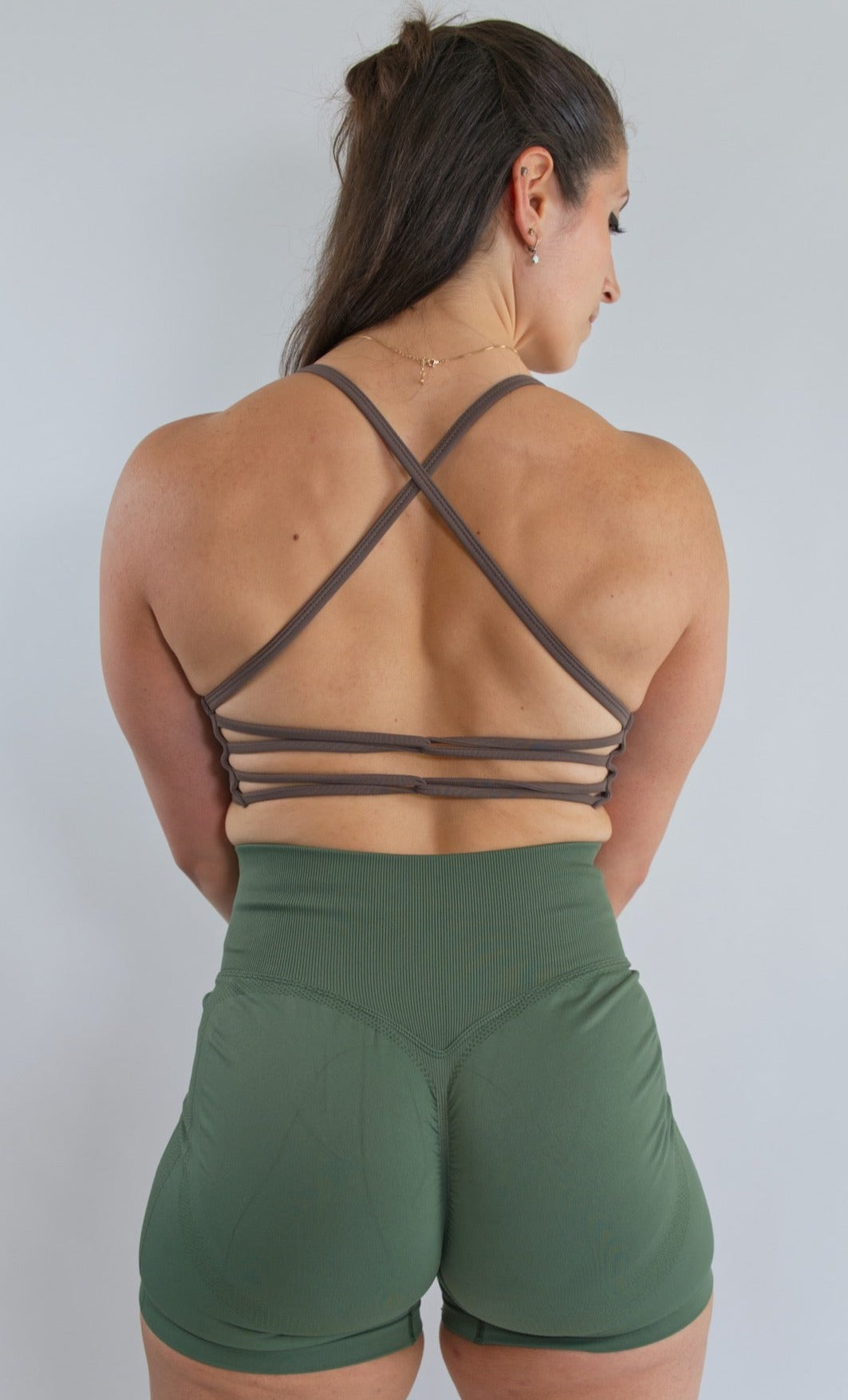 strappy back sports bra mocha back view up close