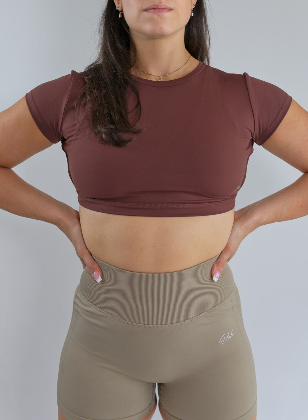 HALA Gym Open Back Workout Top Gym Crop Top Coffee Brown Front View